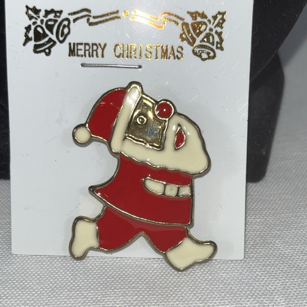 Vintage 80s Santa Claus Christmas Pin Brooch Enamel Red White Gold Made in Korea